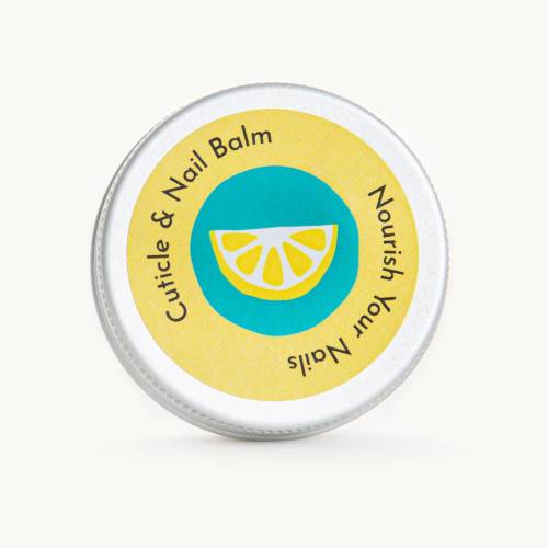 Photo shows a small tin of Cuticle and Nail balm with an illustration of a lemon slice on the label